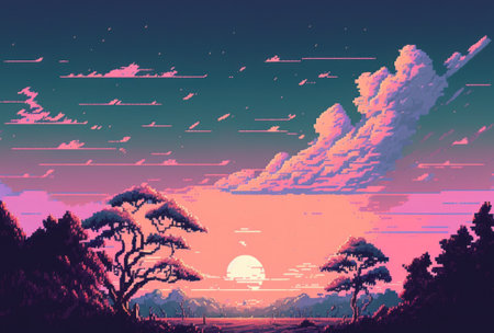 Pastel sweet blue pink sky pixel art style. background with copy spaceの写真素材
