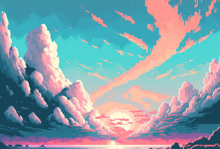 Pastel sweet blue pink sky pixel art style. background with copy spaceの写真素材