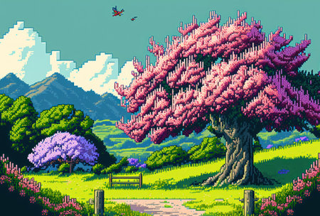 Spring season cherry blossom tree with beautiful landscape background pixel art style