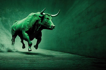 Green bull run metaphor to business or stock market is growth increase profit.の写真素材
