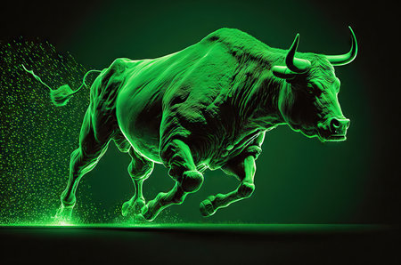 Green bull run metaphor to business or stock market is growth increase profit.の写真素材