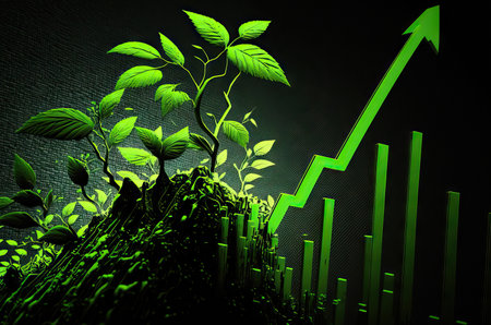 Green graphic illustration of business stock market bull run and growth with graph and diagram. Generative ai.の写真素材
