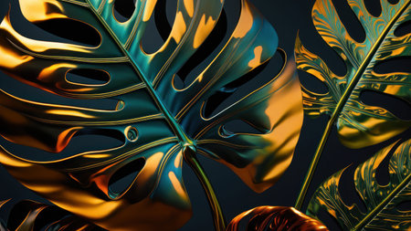 Bold metallic tone color of tropical monstera and palm leaf background.の写真素材