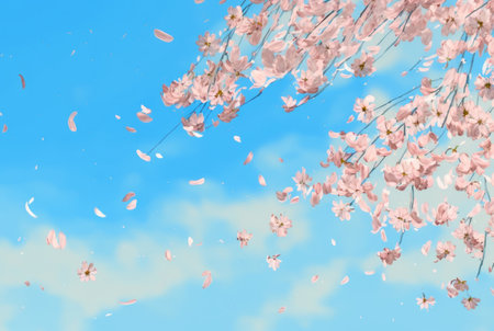 Beautiful cherry blossom or sakura tree branches on blue sky with copy space background in spring season. Illustration graphic design.の写真素材