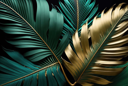 Bold metallic tone color of tropical monstera and palm leaf background.の写真素材
