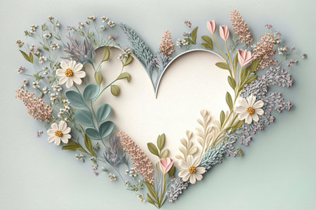 Heart frame with beautiful wild flower on white backgroundの写真素材