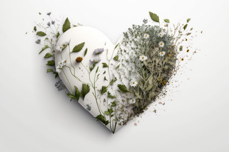 Heart frame with beautiful wild flower on white backgroundの写真素材