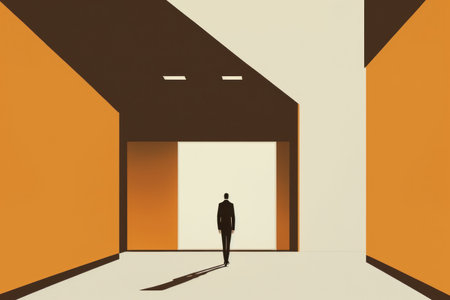 Minimal graphic design of businessman in office building background.の写真素材