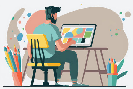 Man working on desk with laptop productive work. Flat design. Generative ai.の写真素材