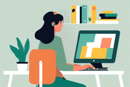 Woman working on desk with laptop productive work. Flat design. Generative ai.の写真素材