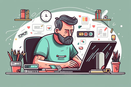 Man working on desk with laptop productive work. Flat design. Generative ai.の写真素材