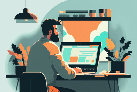 Man working on desk with laptop productive work. Flat design. Generative ai.の写真素材