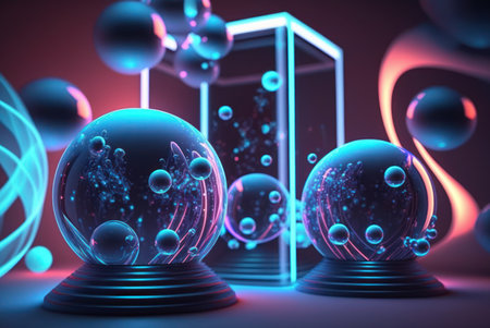3D render realistic neon lights lines and bubbles  background vector design illustration.の写真素材