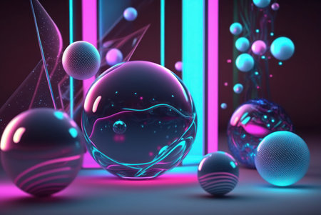 3D render realistic neon lights lines and bubbles  background vector design illustration.の写真素材