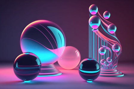 3D render realistic neon lights lines and bubbles  background vector design illustration.