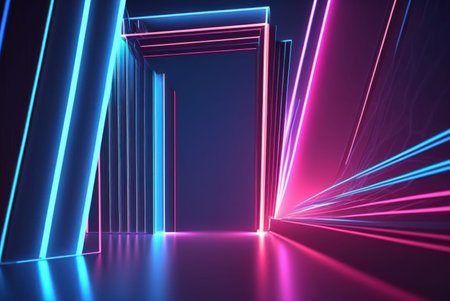 Neon light abstract ultraviolet background, dynamic glowing lines blue pink laser rays fashion stage...