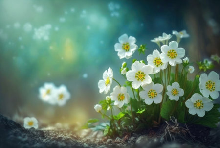 Spring forest white flowers primroses with Blurred blue sky .Floral nature backgroundの写真素材