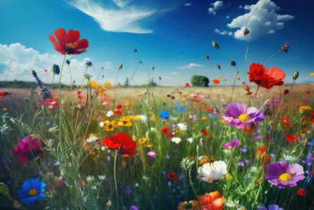 Colorful natural flower meadows landscape with blue sky in summer and spring.の写真素材