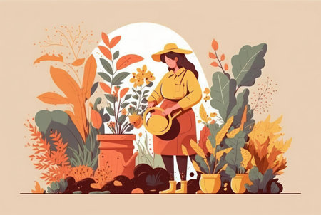 Agriculture gardener hobby and garden job. Woman planting gardens flowers, gardener flowers. Flat vector illustration.の写真素材