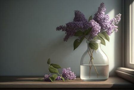 Bunch lilac in vase on table in white minimal room.の写真素材