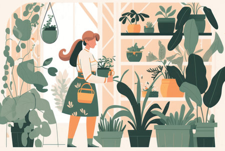 Agriculture gardener hobby and garden job. Woman planting gardens flowers, gardener flowers. Flat vector illustration.の写真素材