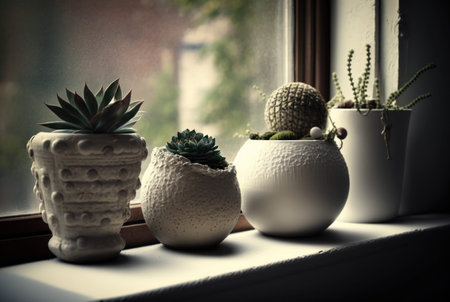 A small plant pots displayed by the window.の写真素材