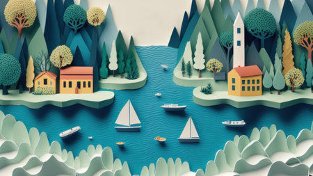 Beach town background in paper craft.の素材