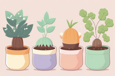Cute illustration small plant in pots colorful color background.の素材