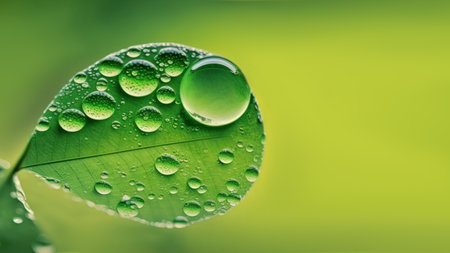 Water drop from green leaf on green bokeh blur background. Earth day concept.の素材