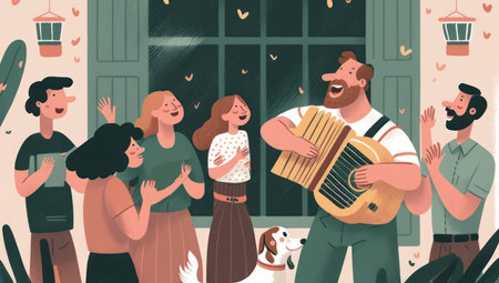 Flat design 20 July background with women or family people and dog dancing to accordion music.の素材