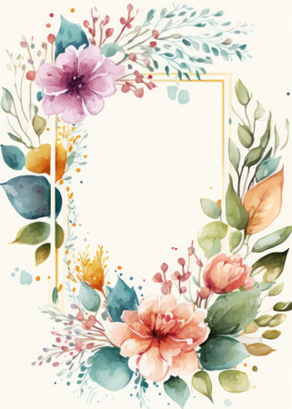 Sweet background card, Floral frame collection with watercolor splashes illustration.の素材