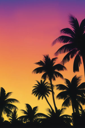 Summer card poster flyer invitation card. Tropical background with palms, sky and sunset.の素材