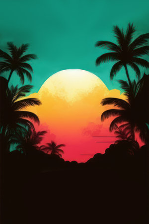 Summer card poster flyer invitation card. Tropical background with palms, sky and sunset.の素材