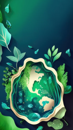 Abstract liquid shapes, leaves and ocean elements Earth Day concept poster with green and blue background.の素材