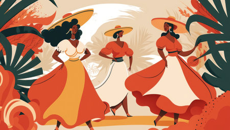 Flat design 20 July background with women or family people and dog dancing to accordion music.の素材