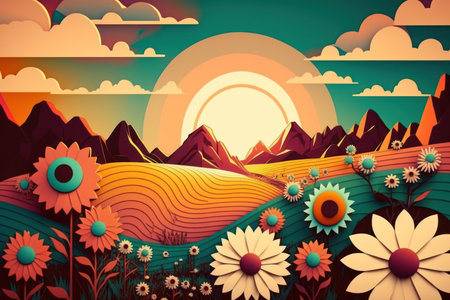 Abstract retro psychedelic fancy landscape with vibrant color fields, daisy flowers and sunの素材