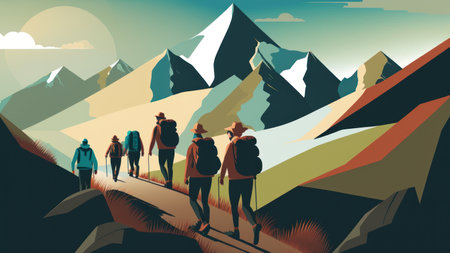 People hiking to wild or mountain, World health day concept, flat design.の素材