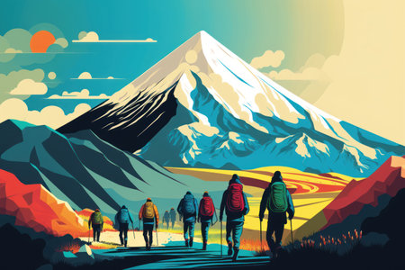 People hiking to wild or mountain, World health day concept, flat design.の素材