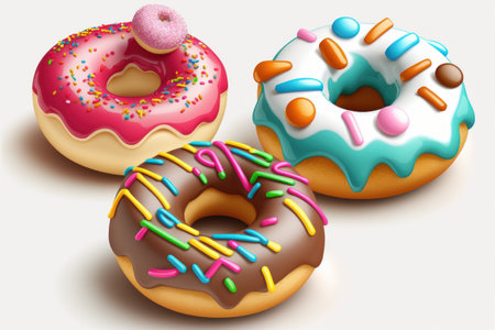 Cute sweet objects 3d illustration cartoon donuts on color  background. Doughnuts day.の素材