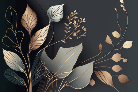 Minimal luxury style wallpaper with golden line art flower and botanical leaves background.の素材