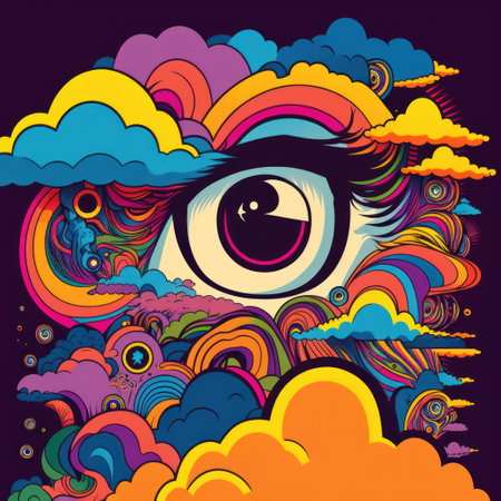 Vibrant color flat illustration  trendy retro hipster psychedelic cartoon style.の素材