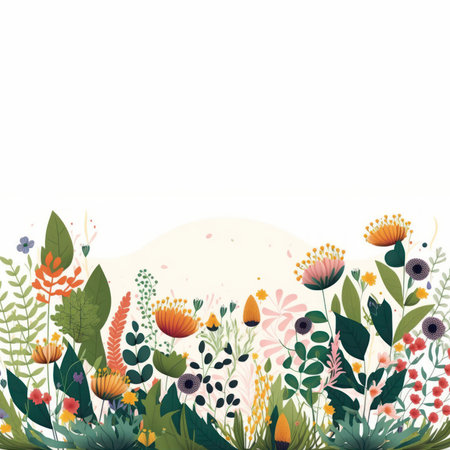 Spring botanical flat illustration white background. Banner or floral backdrop decorated multicolored blooming flowers and leaves border.の素材