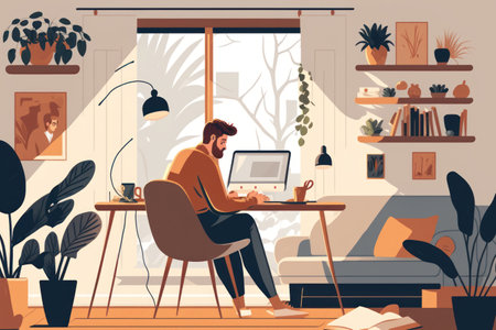Man working from home or co working space. Freedom life lifestyle concept. Flat design.の素材