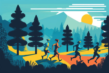 World health day, man and woman run in beautiful park , flat design.の素材