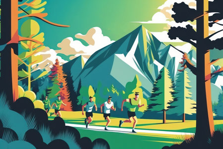 World health day, man and woman run in beautiful park , flat design.の素材