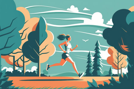 World health day, man and woman run in beautiful park , flat design.の素材