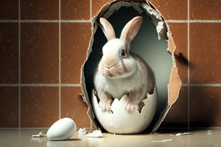 Cute easter realistic  bunny rabbit inside a cracked egg. Happy easter concept.の素材