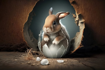 Cute easter realistic  bunny rabbit inside a cracked egg. Happy easter concept.の素材