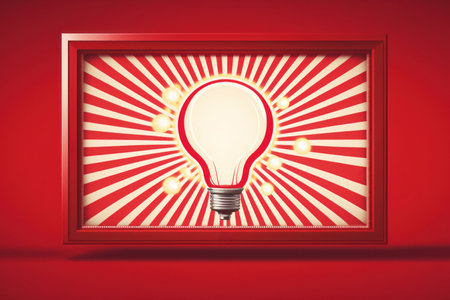 Front view retro billboard on shiny red background with light bulb and copy space.の素材