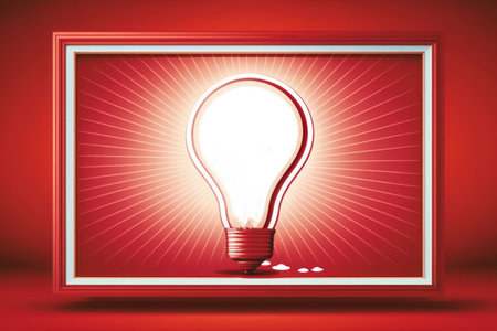 Front view retro billboard on shiny red background with light bulb and copy space.の素材